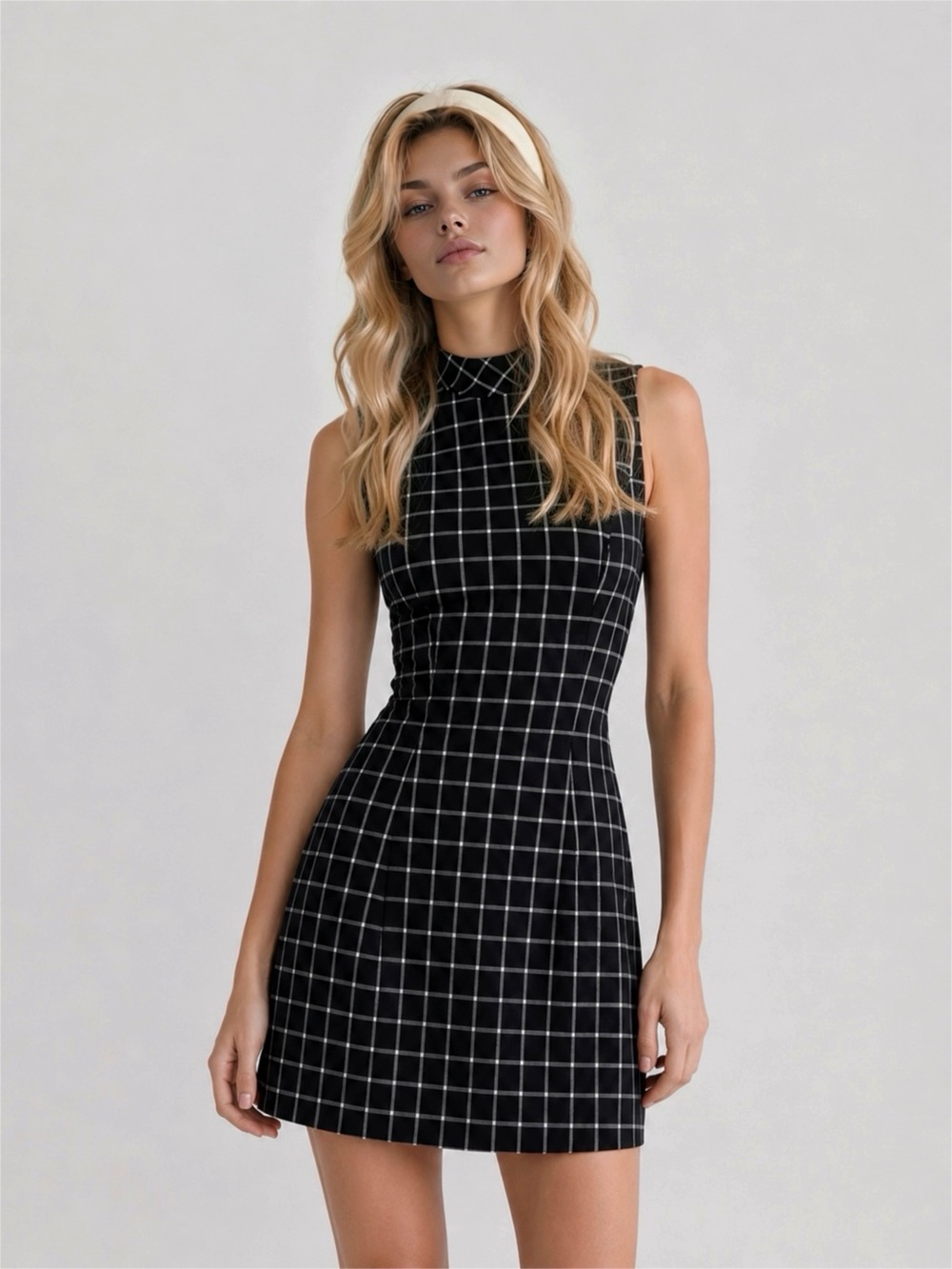 H&M Black Mini Dress with White Windowpane Check